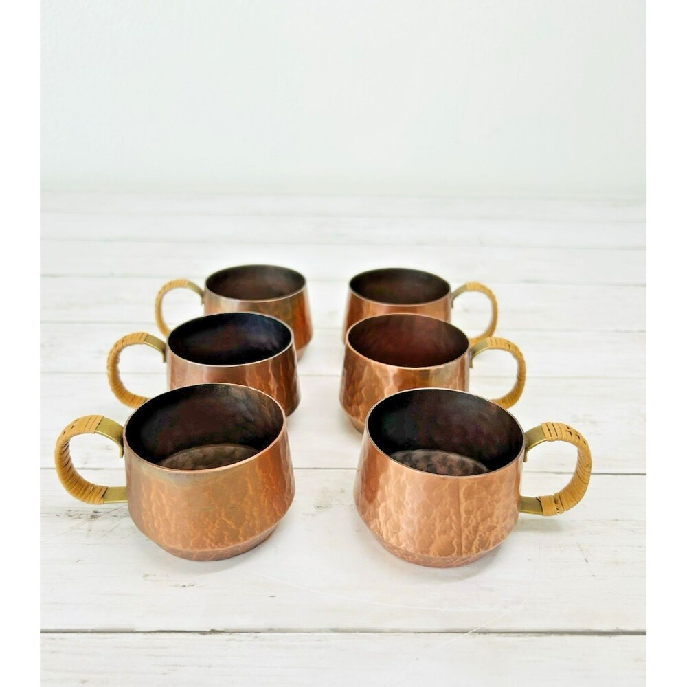 Vintage Hammered Copper Tea Demitasse 2 oz cups Rattan Handles Set of 6 No Glass